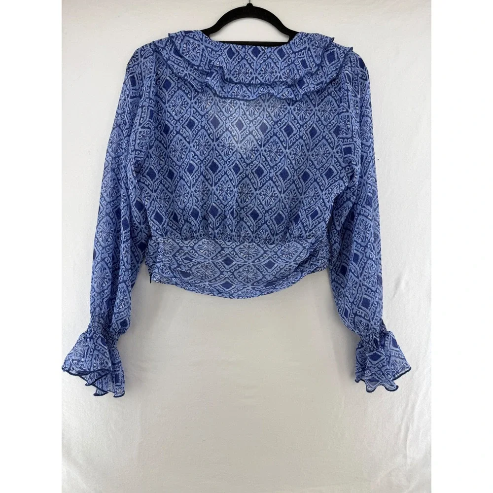 Zara Blue Geometric Print Ruffle V-Neck Cropped Blouse Smocked Bell Cuffs Small